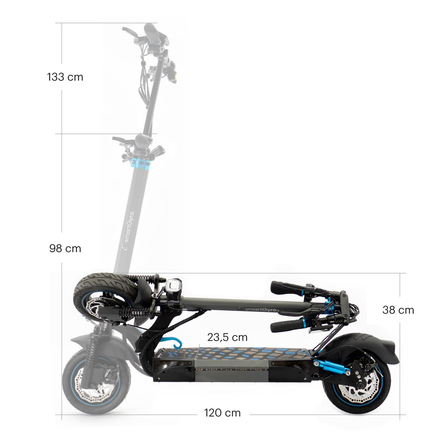 Vista lateral de un patinete eléctrico plegado con dimensiones.