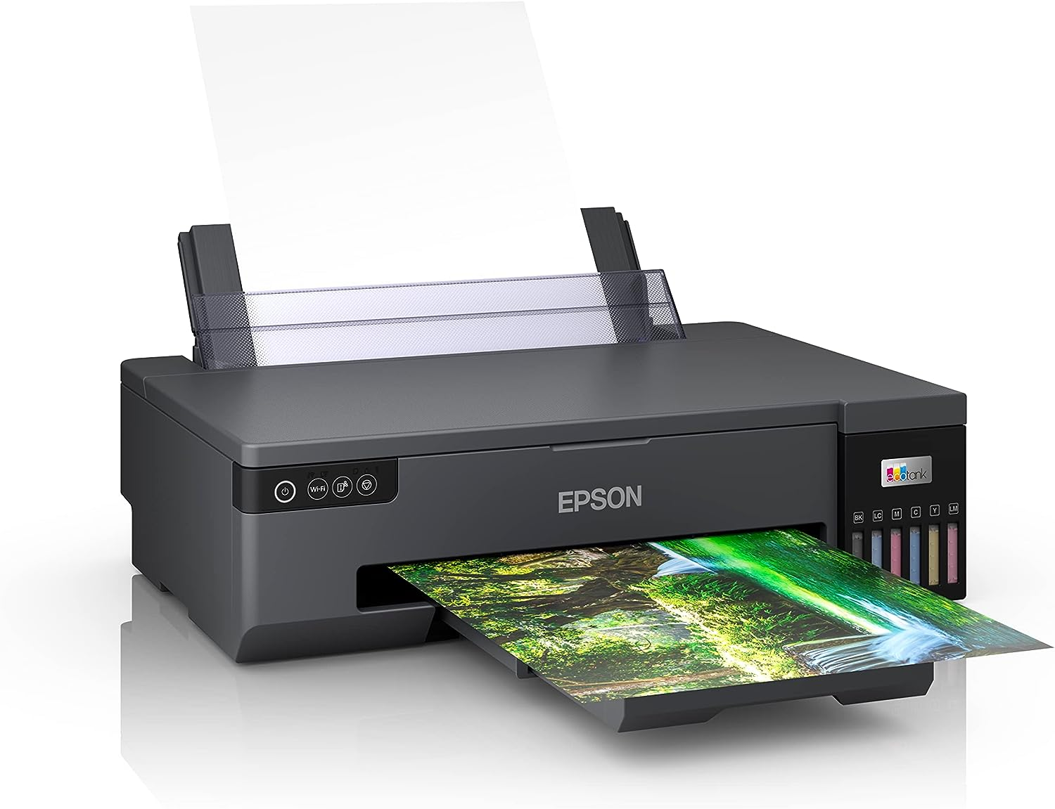 Impresora Epson imprimiendo imagen colorida. Bandeja superior con papel. Impresora negra y gris.