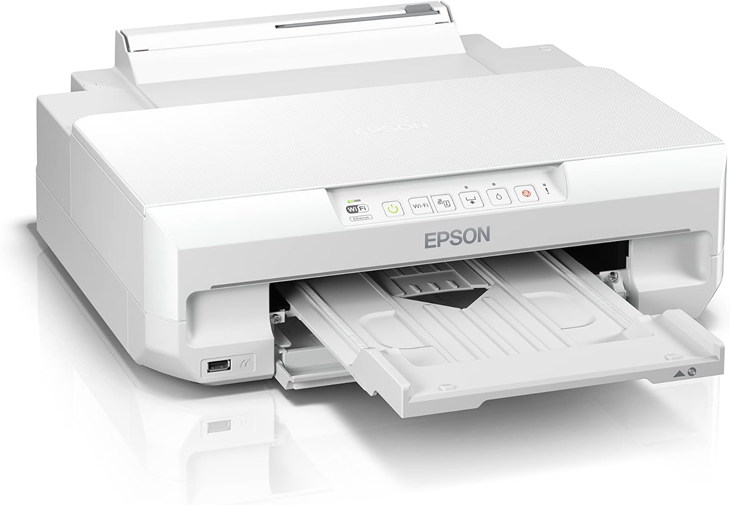 Impresora Epson blanca, bandeja de papel abierta, fondo blanco, botón Wi-Fi y puerto USB.