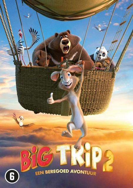 Animatie filmposter: beer, panda, konijn in een heteluchtballon. Titel: Big Trip 2. De lucht is blauw en oranje.