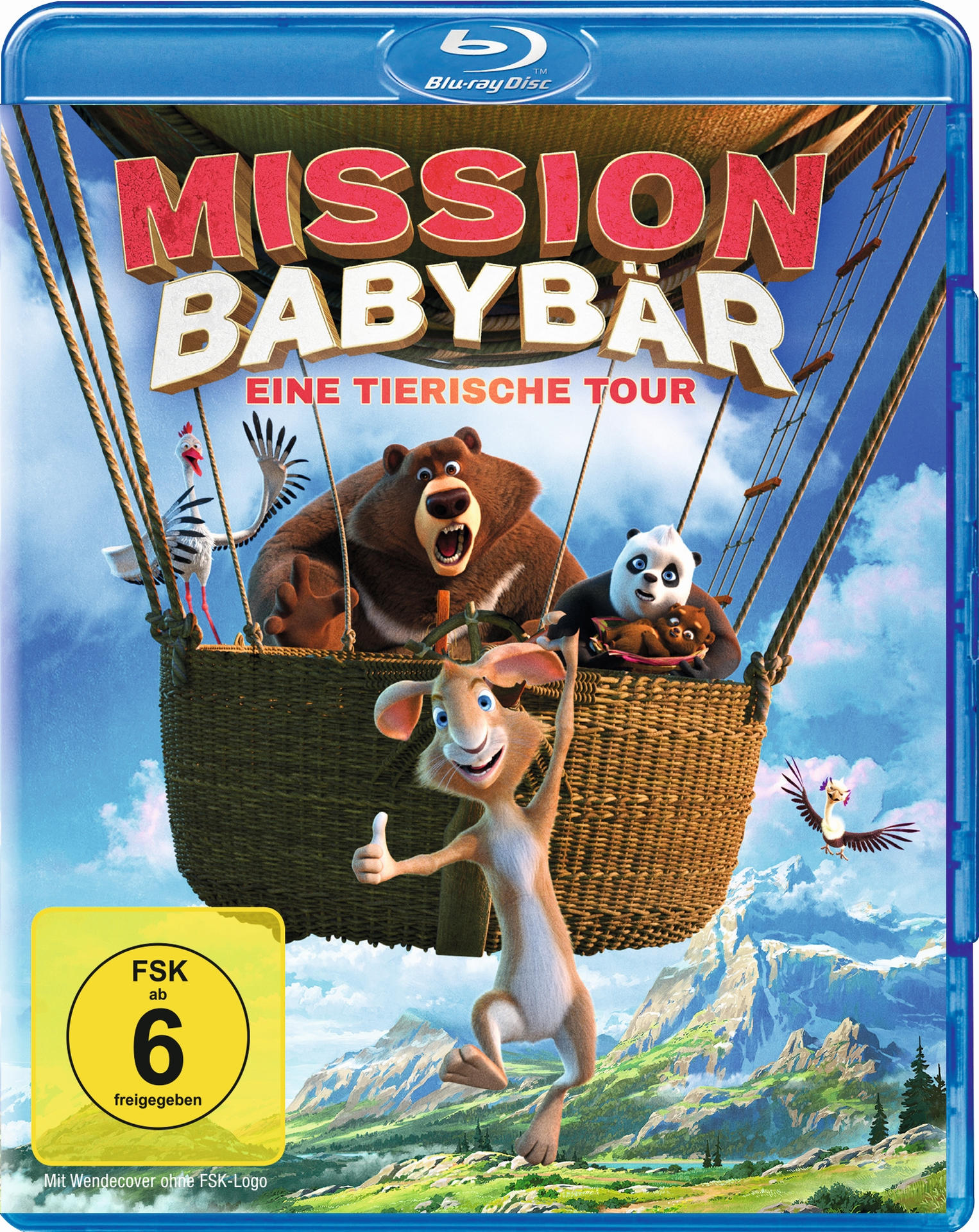 Blu-ray-Disc-Cover mit animierten Tieren in einem Heißluftballon. Titel: Mission Babybear.