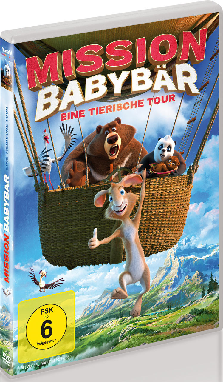 DVD-Cover für 'Mission Babybär'. Zeichentrickfiguren in einem Heißluftballon.