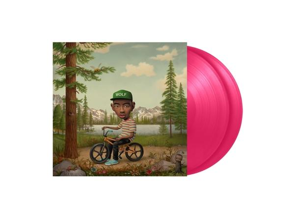 Albumcover: Cartoon-Mann auf Fahrrad im Wald. Pinke Vinyl-Schallplatte.