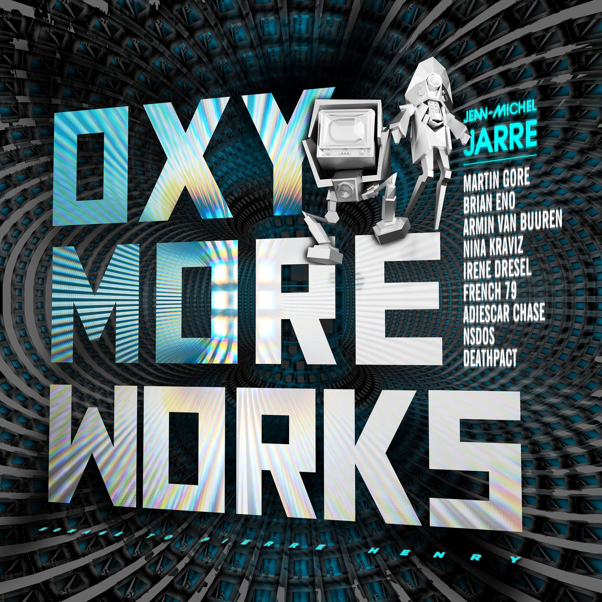 Albumcover von 'Oxygène More Works'. Blaues und weißes Design mit Text und Roboter-Illustration.