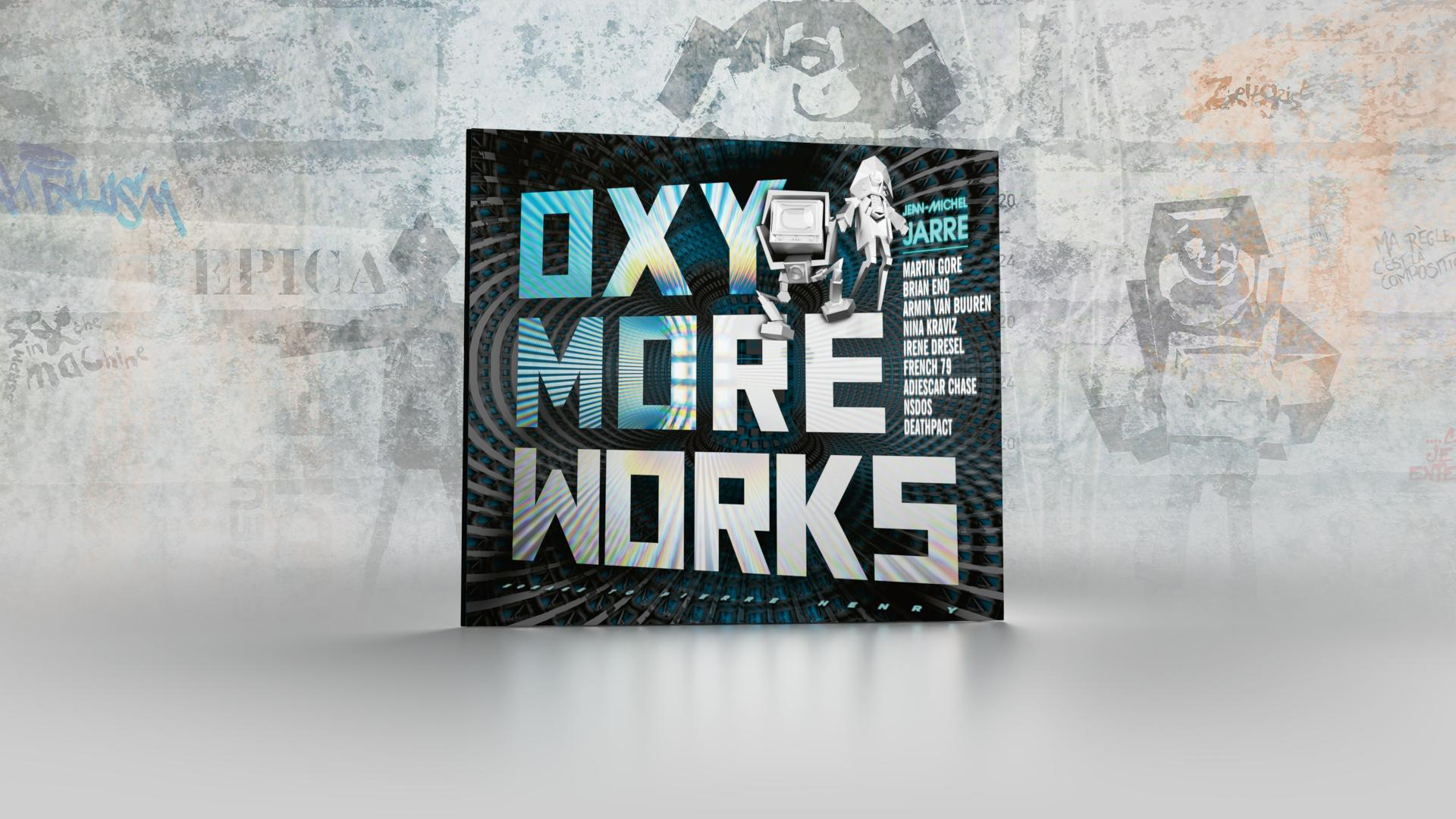 Albumcover von 'Oxygène: Works' von Jean-Michel Jarre vor einem strukturierten Wandhintergrund.