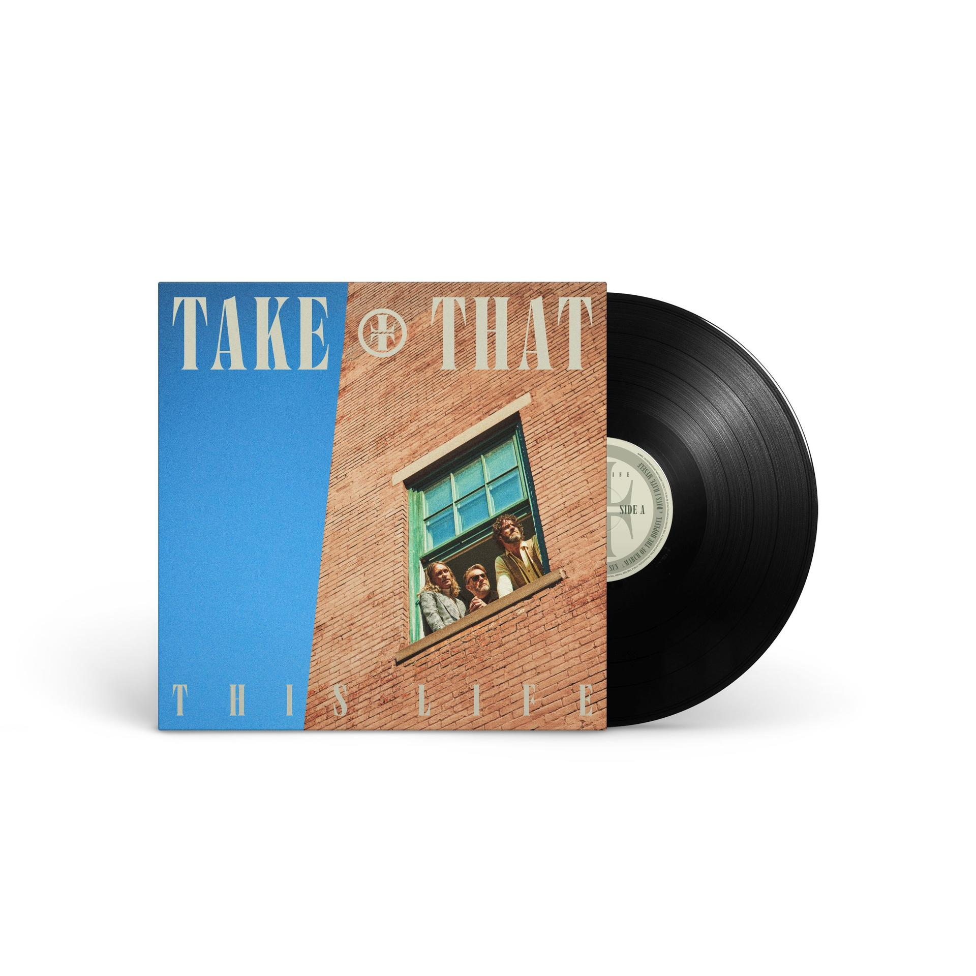 Bakelit lemez és albumborító. A borítón a 'TAKE THAT' és 'THIS LIFE' szöveg látható.