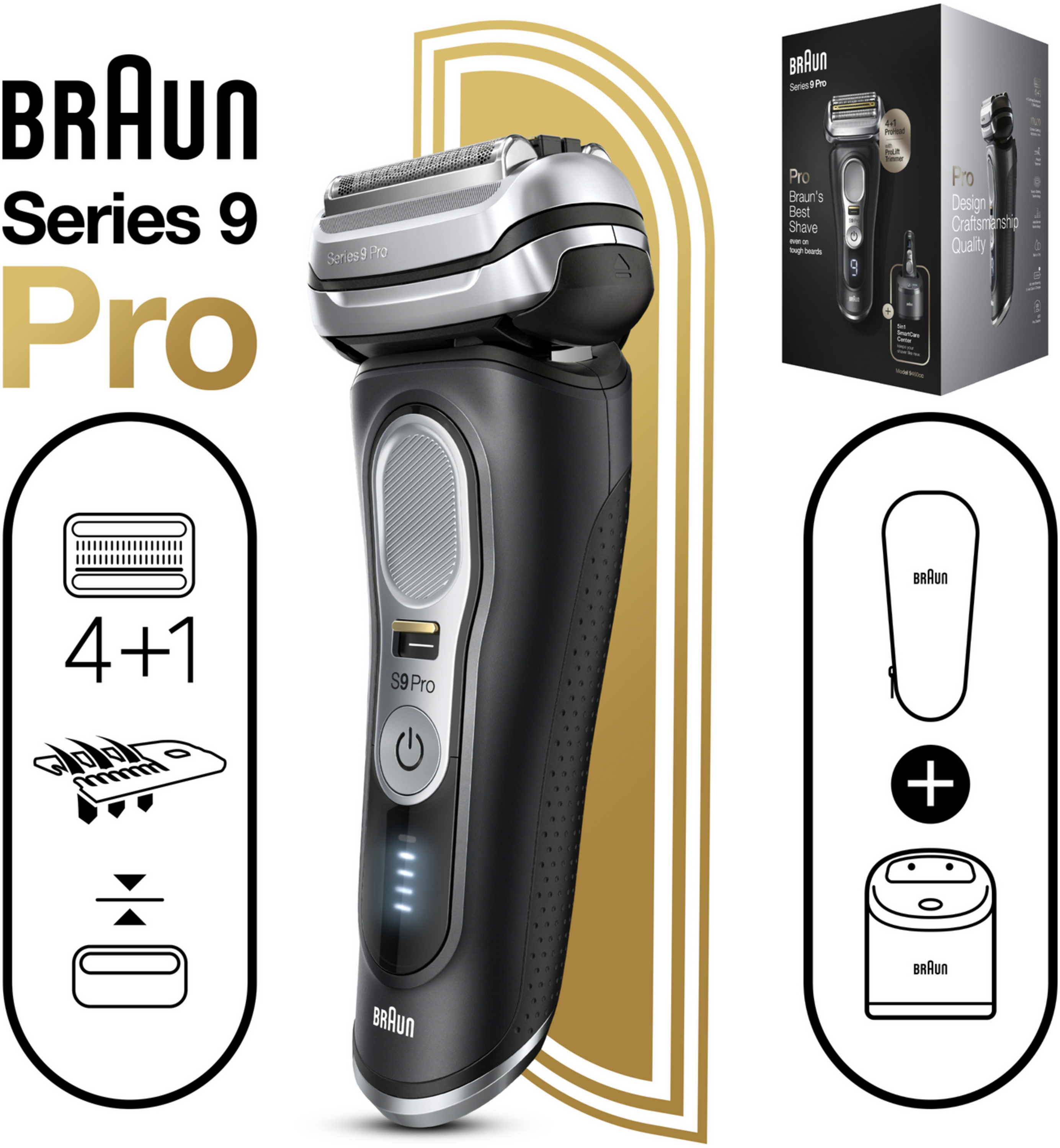Elektrischer Rasierer Braun Series 9 Pro mit Zubehör und Verpackung. Text enthält '4+1' und 'S9 Pro'.