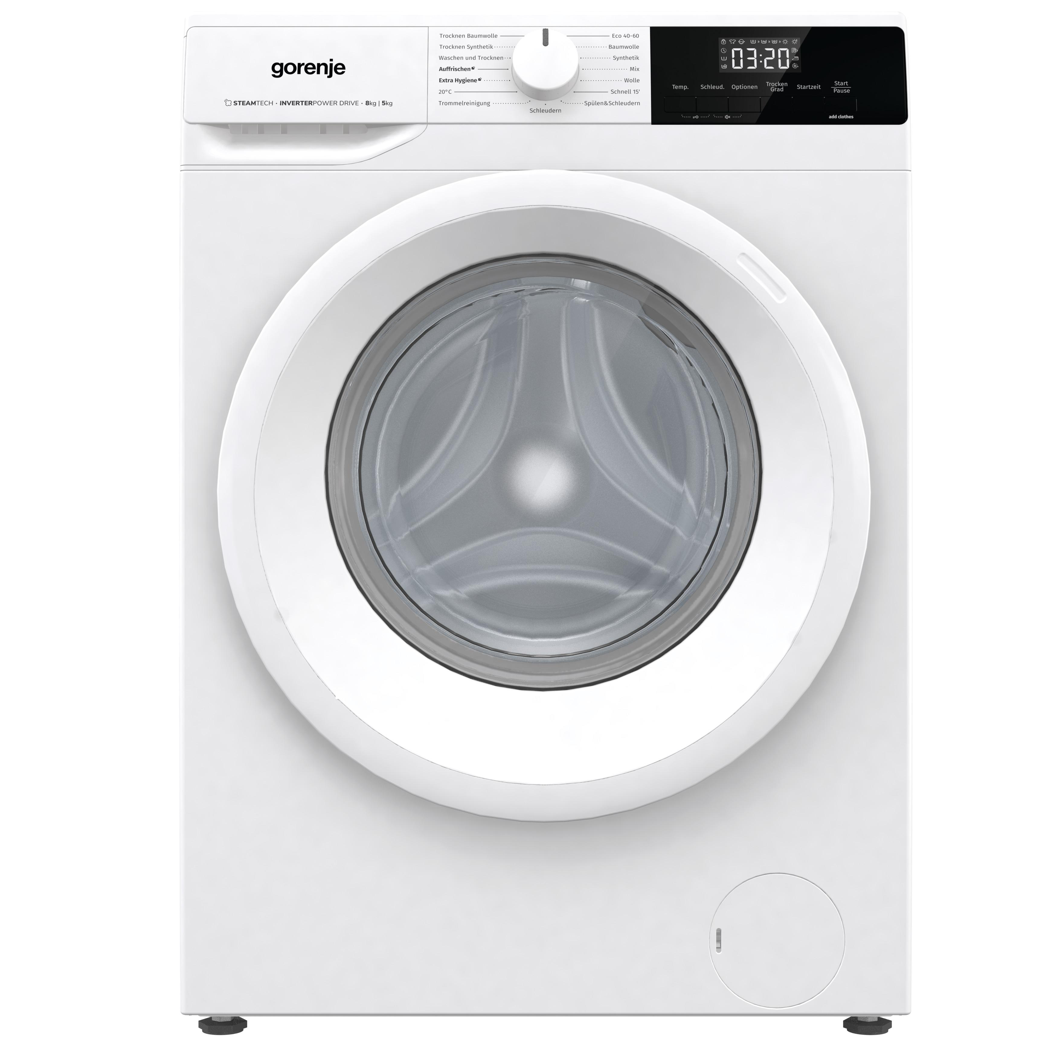 Weiße Gorenje Waschmaschine. Vorderansicht mit runder Tür und Bedienfeld oben.
