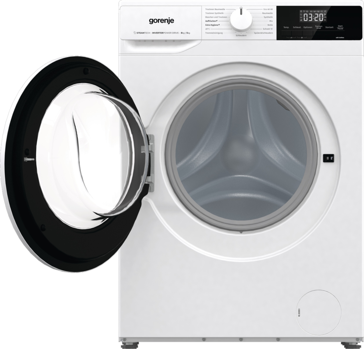 Eine weiße Waschmaschine mit geöffneter Tür, die die Innentrommel zeigt.