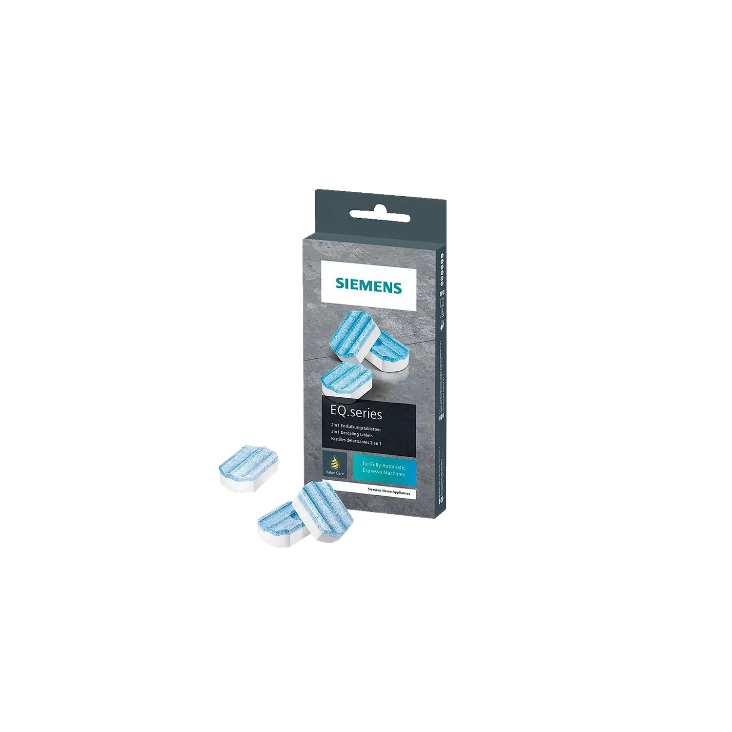 Siemens EQ. series reinigingstabletten in een doos. Blauw-witte tabletten. Witte achtergrond.