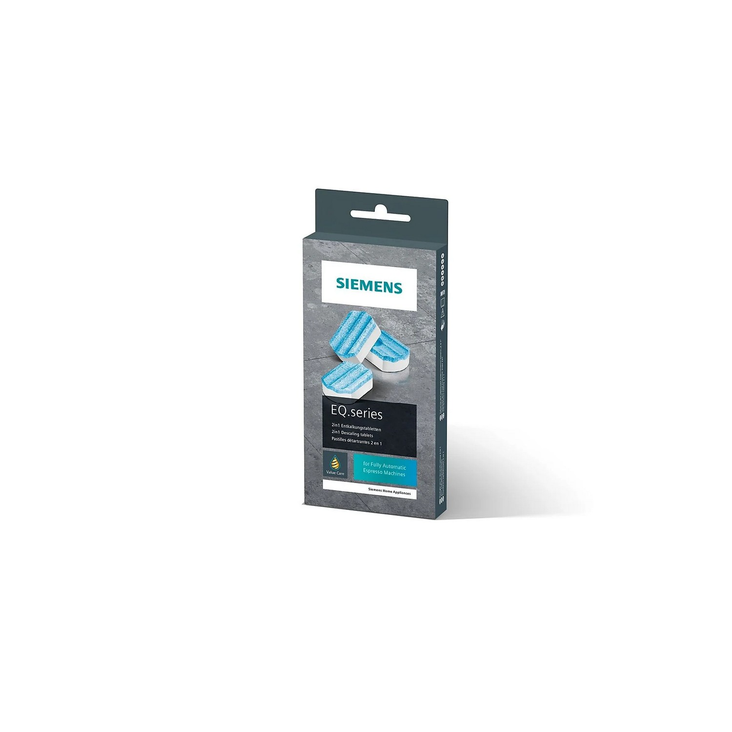 Een doos Siemens EQ-serie reinigingstabletten. De doos is grotendeels wit.