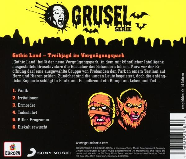 CD-Cover mit Monstergesichtern und Text. Gelber Hintergrund mit schwarzen Akzenten. Titel Grusel Serie.