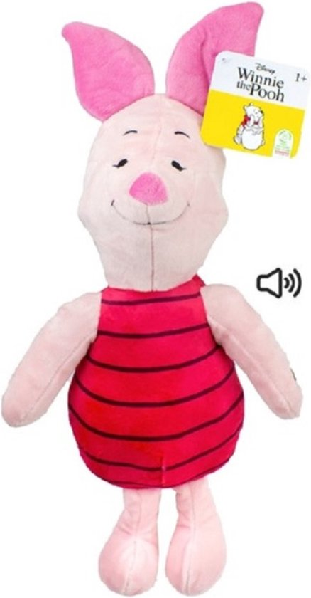 Knorretje knuffel, draagt een rood gestreept shirt, met een label en geluidspictogram.