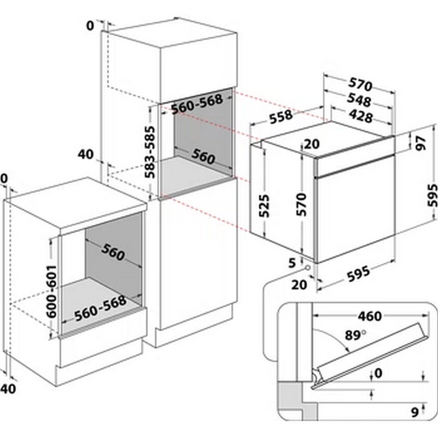 Un schéma montre les dimensions d'installation de deux appareils, avec des mesures et des étiquettes en anglais.