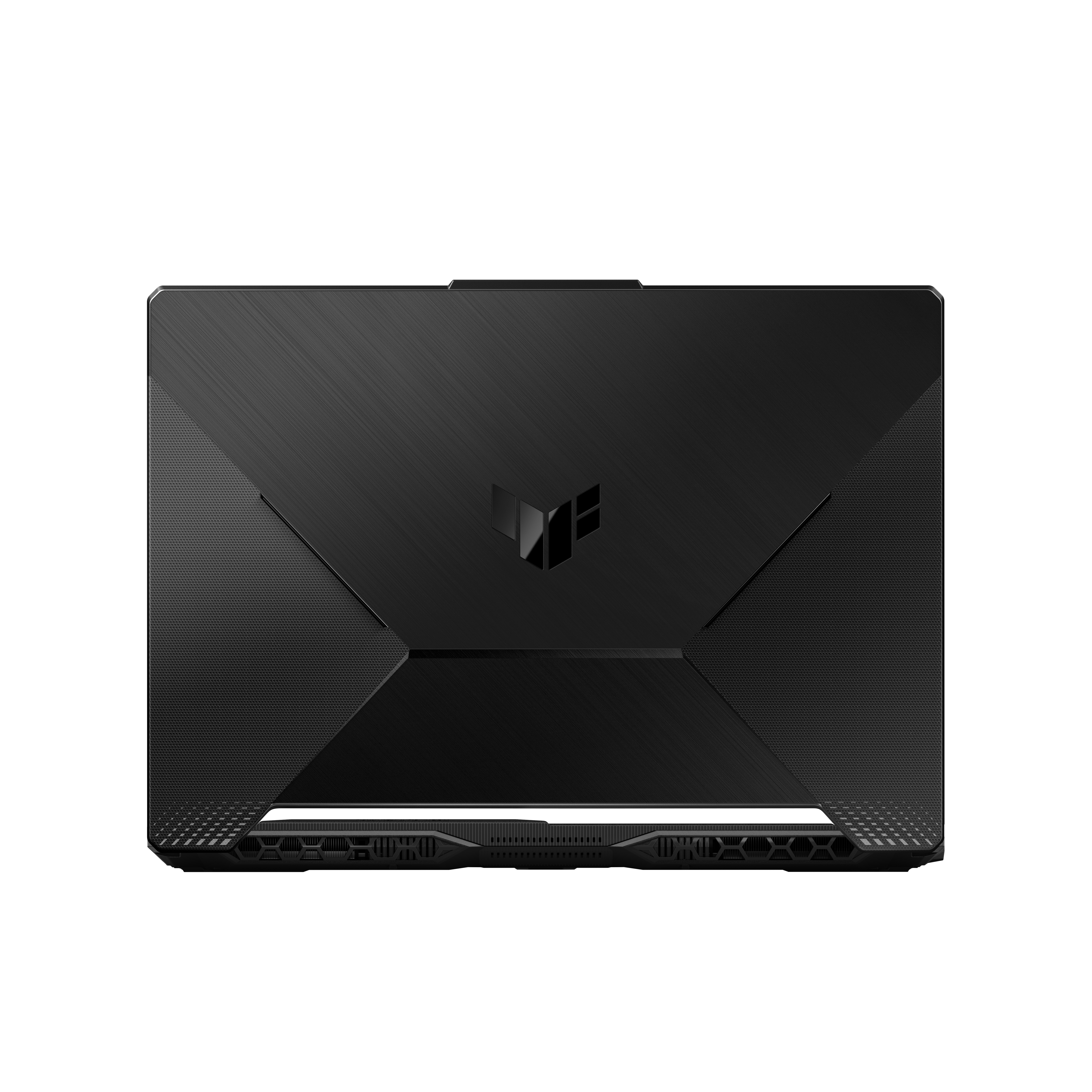 Portátil negro con superficie texturizada y logo iluminado.