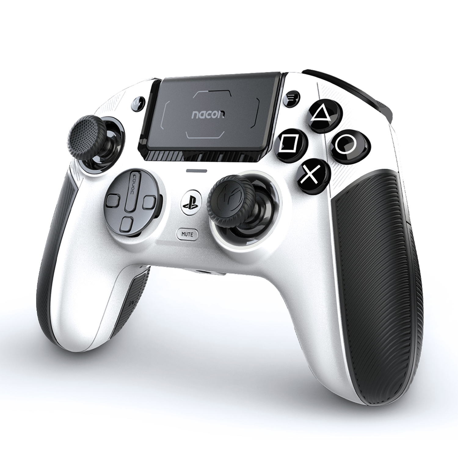 Controller di gioco bianco e nero con più pulsanti, due levette analogiche e un D-pad su sfondo bianco.