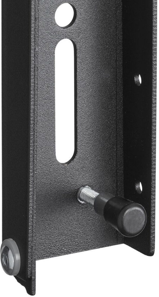 Zwarte metalen beugel met schroef en rol, close-up opname.