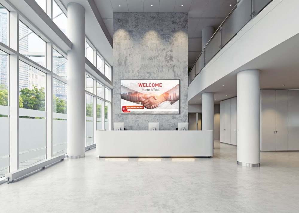 Moderne kantoorlobby met receptie. Digitaal display toont welkomstbericht.
