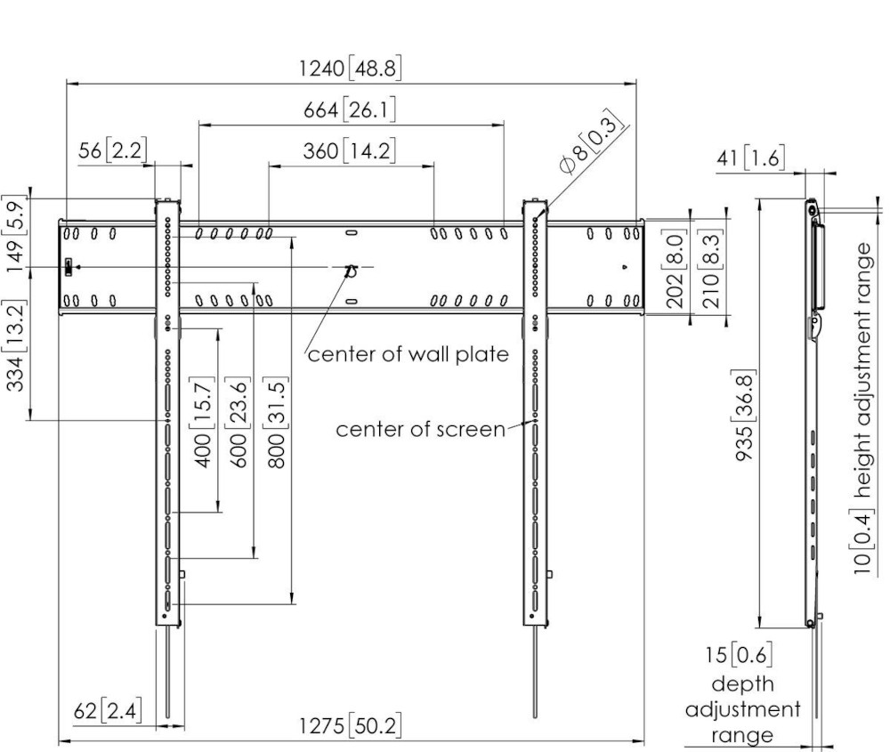 Technische tekening met afmetingen voor wandmontage hardware.