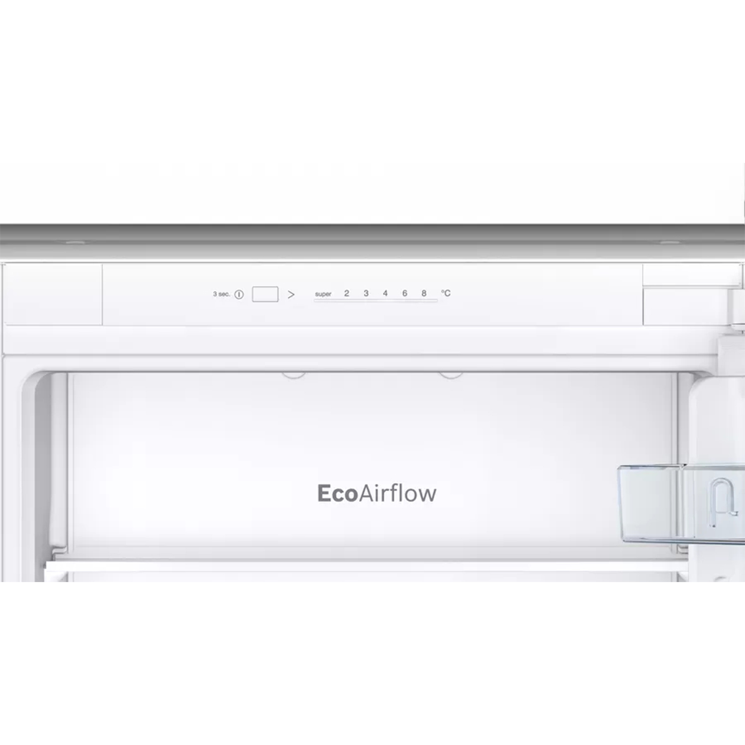 Interno di un frigorifero bianco con pannello di controllo, cassetto e testo EcoAirflow.
