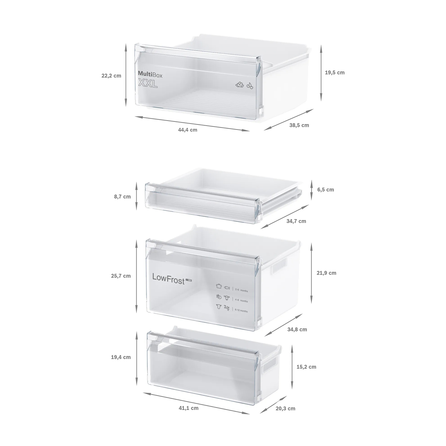 Cassetti frigo bianchi impilati, etichettati MultiBox XXL, LowFrost.