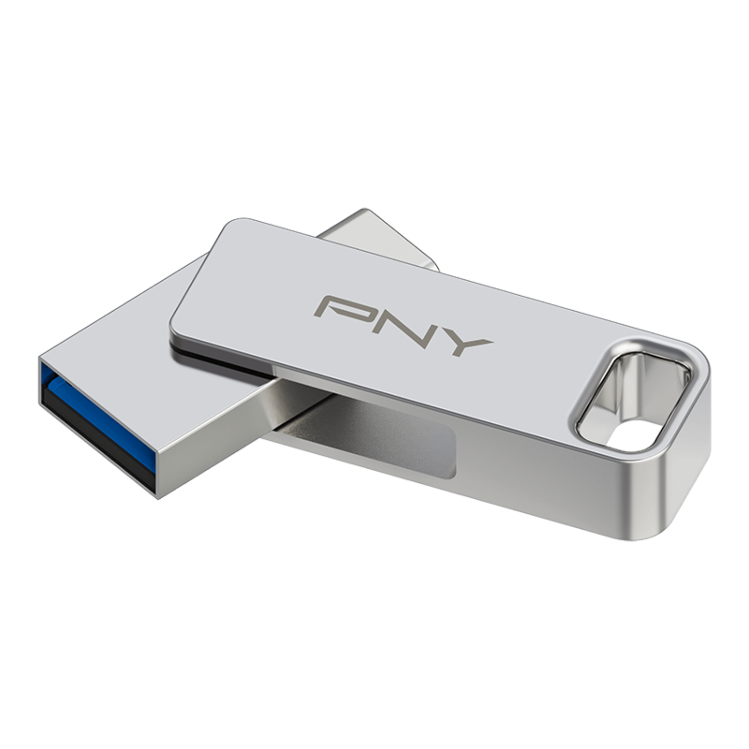 Silver USB drive with a blue connector.
