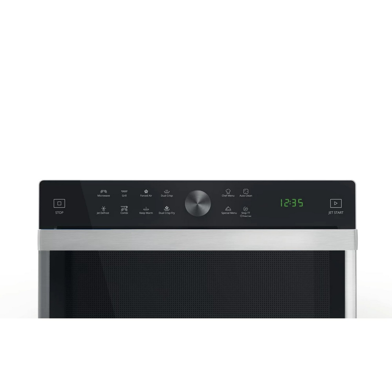 Close up of a microwave control panel with various buttons and a digital display.