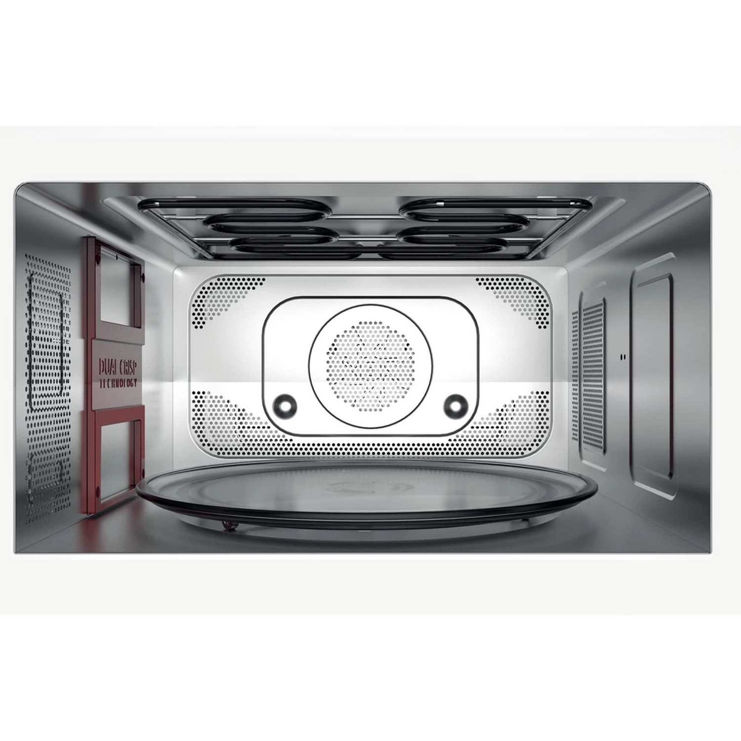 Interior of a microwave oven with a glass plate and Dual Crisp technology.