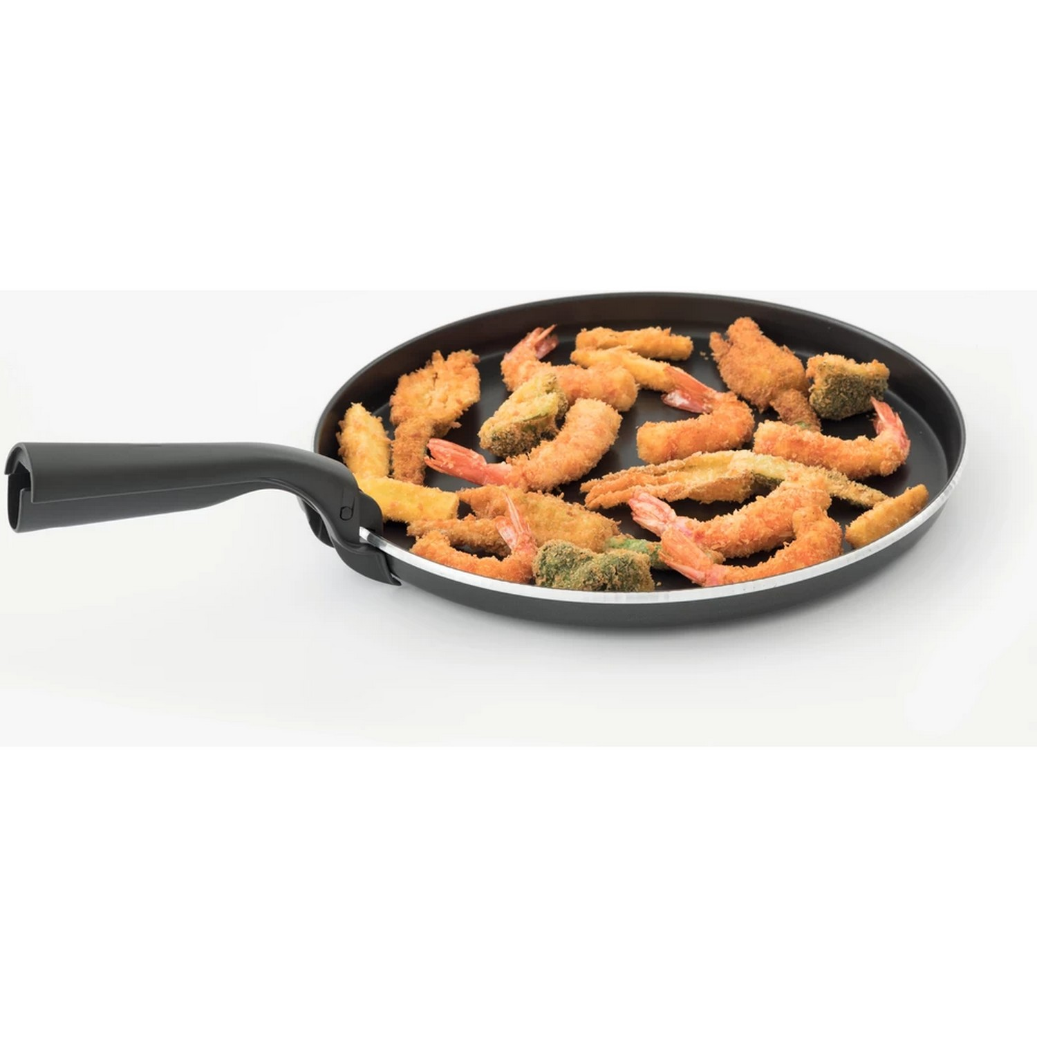 A frying pan filled with fried seafood, vegetables, and other food items.
