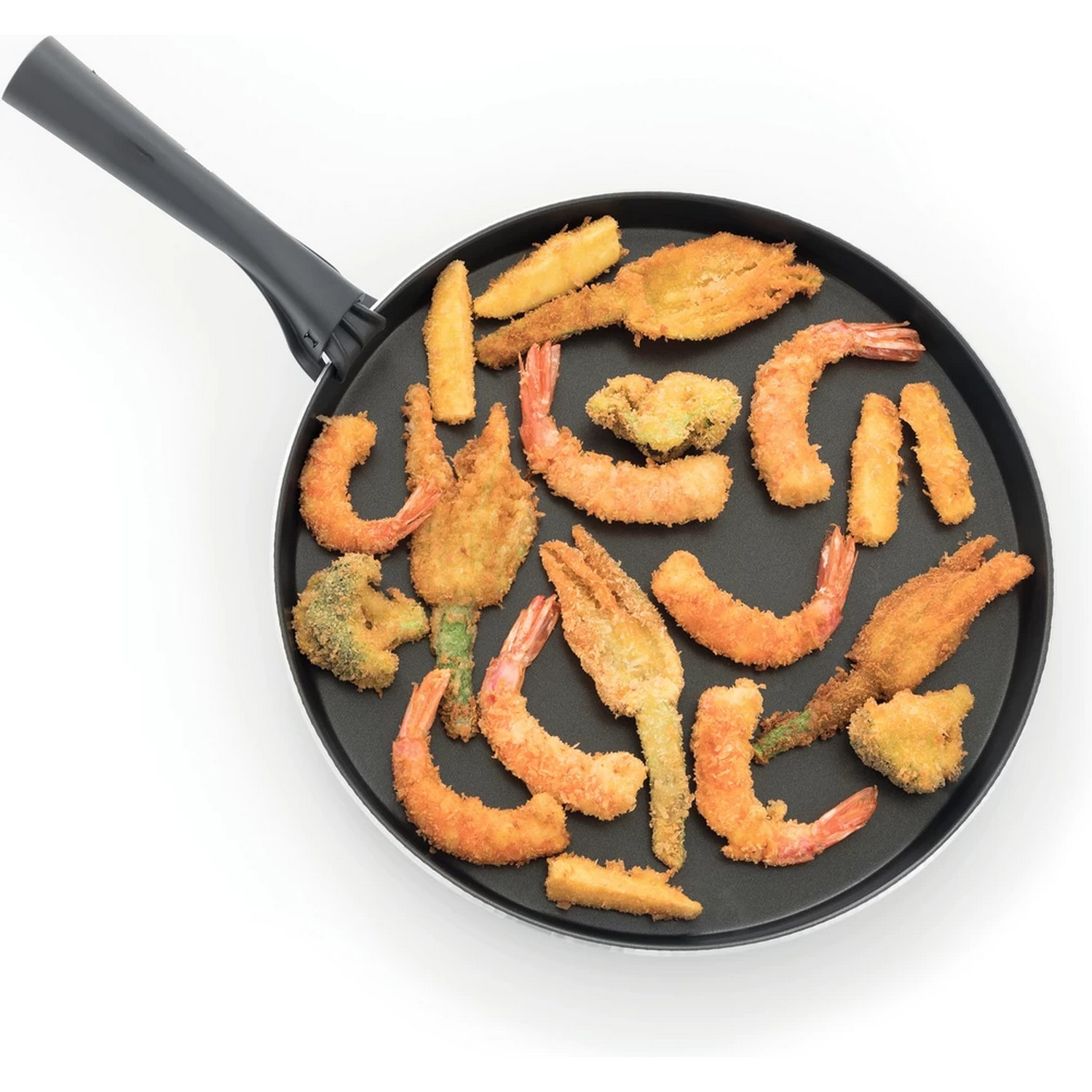 Tempura-style fried foods on a pan, isolated on a white background.
