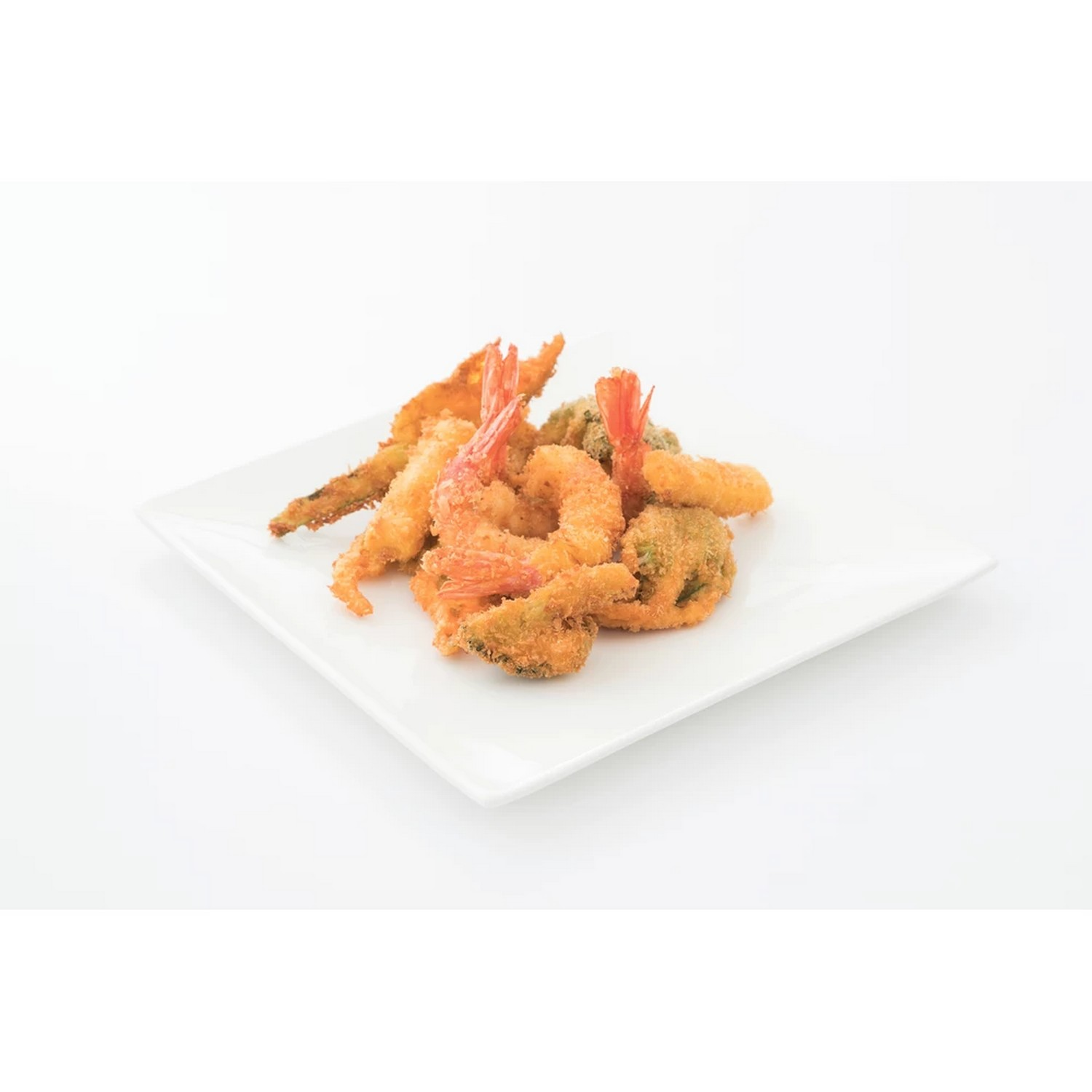 Tempura on a white square plate. Includes shrimp, vegetables, and more.