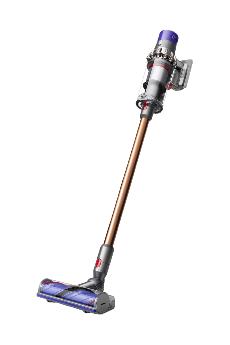 Dyson kablosuz elektrikli süpürge, bakır ve gri renkler, dik pozisyonda, siyah arka plan.