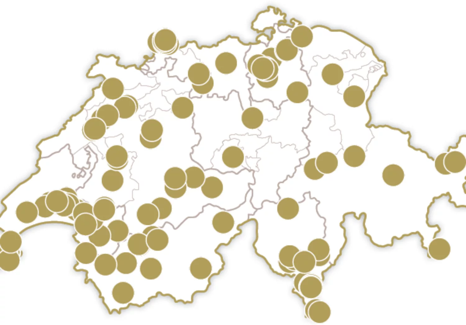 Karte der Schweiz mit vielen Standortmarkierungen.
