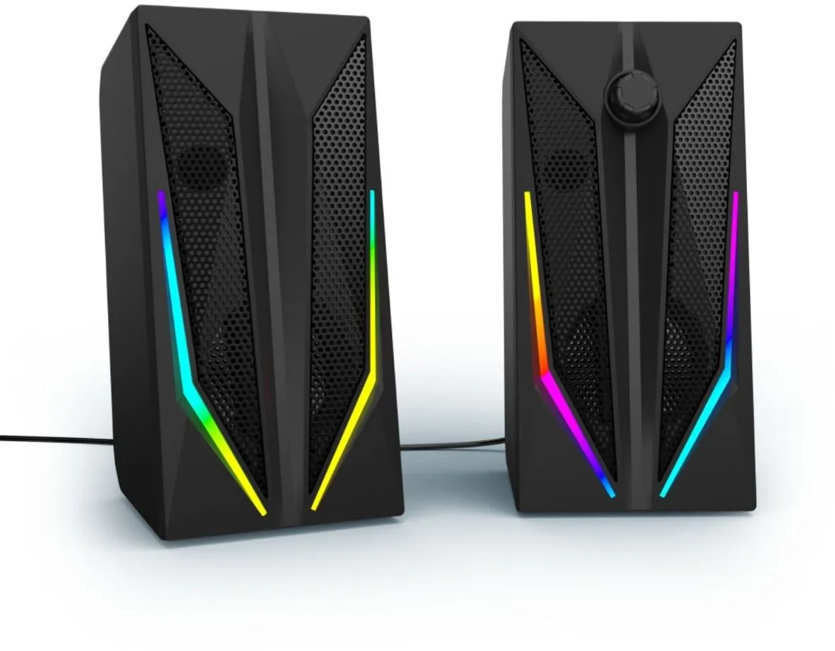 Zwei schwarze Computerlautsprecher mit bunten LED-Lichtern. Einer hat einen Lautstärkeregler.