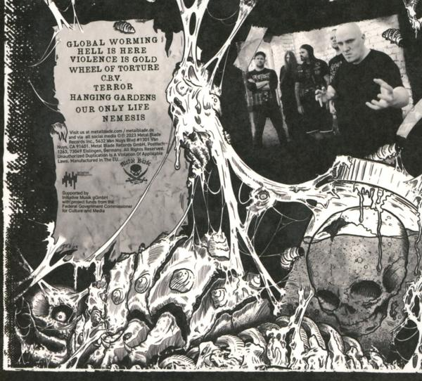 Schwarz-Weiß-Bild mit Text über globale Erwärmung und einer Band im Hintergrund.