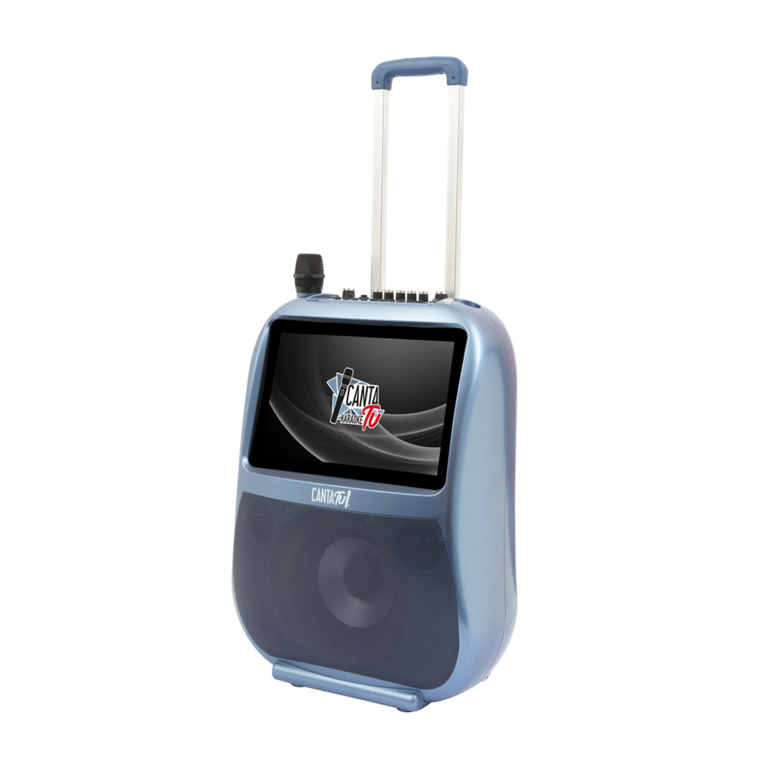 Macchina karaoke blu con schermo e microfono. Ha una maniglia e ruote per la portabilità.