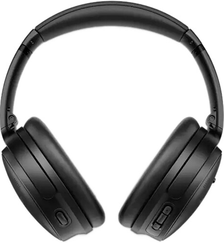 Cuffie over-ear nere con pulsanti sul padiglione auricolare destro. Vista dall'alto.