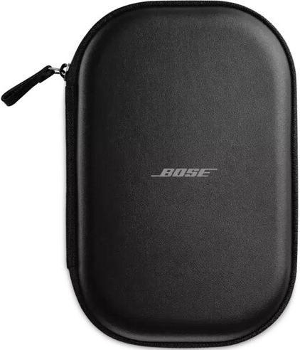 Custodia nera per cuffie Bose. La custodia è ovale con cerniera. Logo Bose sul davanti.