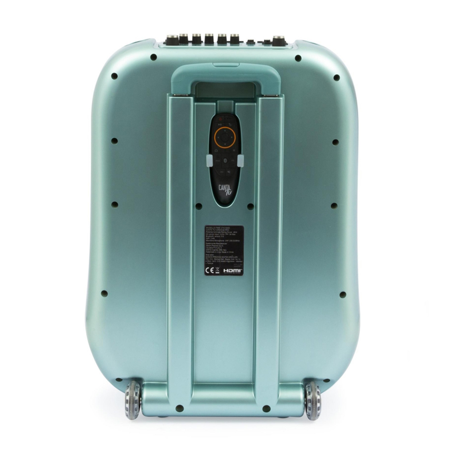 Altoparlante portatile color verde acqua con maniglia, ruote e pannello di controllo.