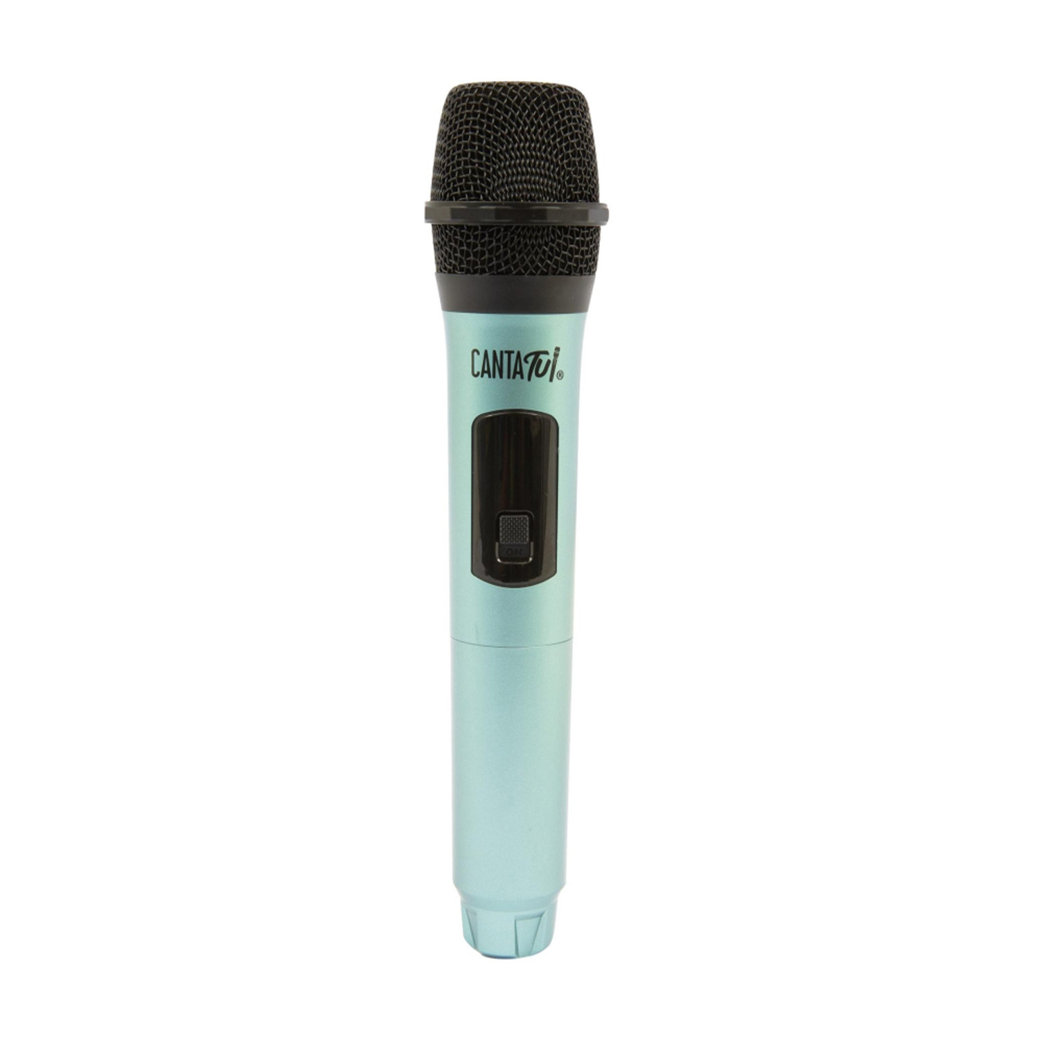 Microfono azzurro con testa a rete nera e la parola 'CantaTu'.