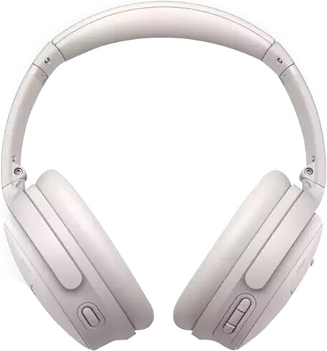 Casque blanc avec écouteurs et bandeau, sur fond blanc.