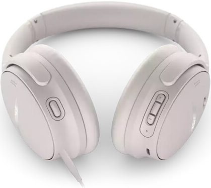 Casque blanc avec câble et commandes de volume sur le côté droit.