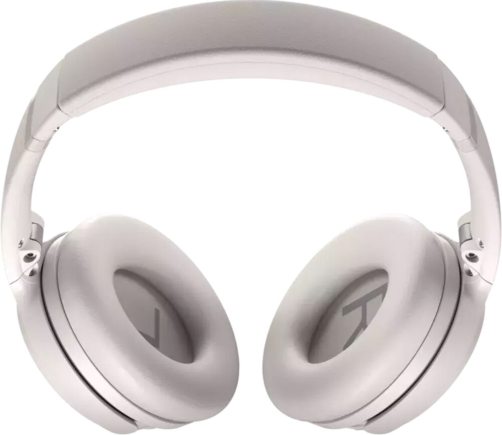 Casque circum-auriculaire blanc, légèrement incliné, design minimaliste, sur une surface blanche.
