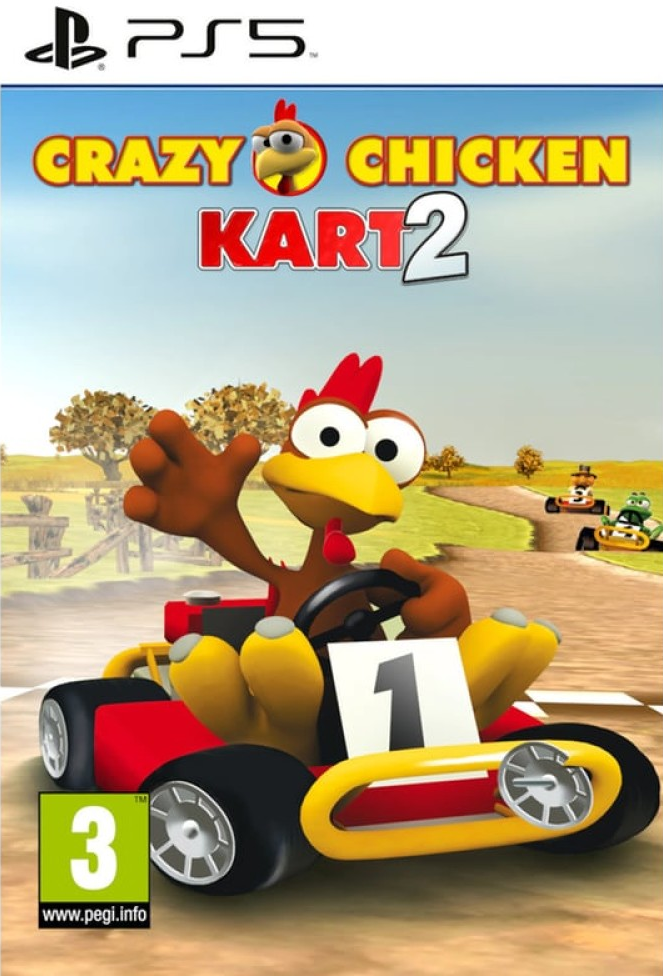 Couverture du jeu Crazy Chicken Kart 2. Un poulet dans un kart faisant la course sur une piste. Logo PS5 en haut à gauche.