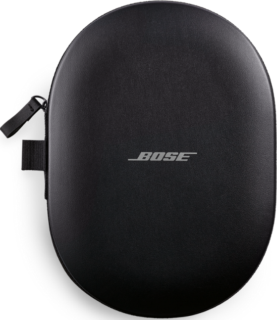 Schwarzes, ovales Bose-Kopfhörer-Etui mit Bose-Logo.