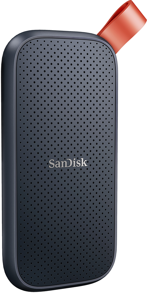 Donkerblauwe Sandisk externe harde schijf met rode lus, geperforeerd oppervlak.