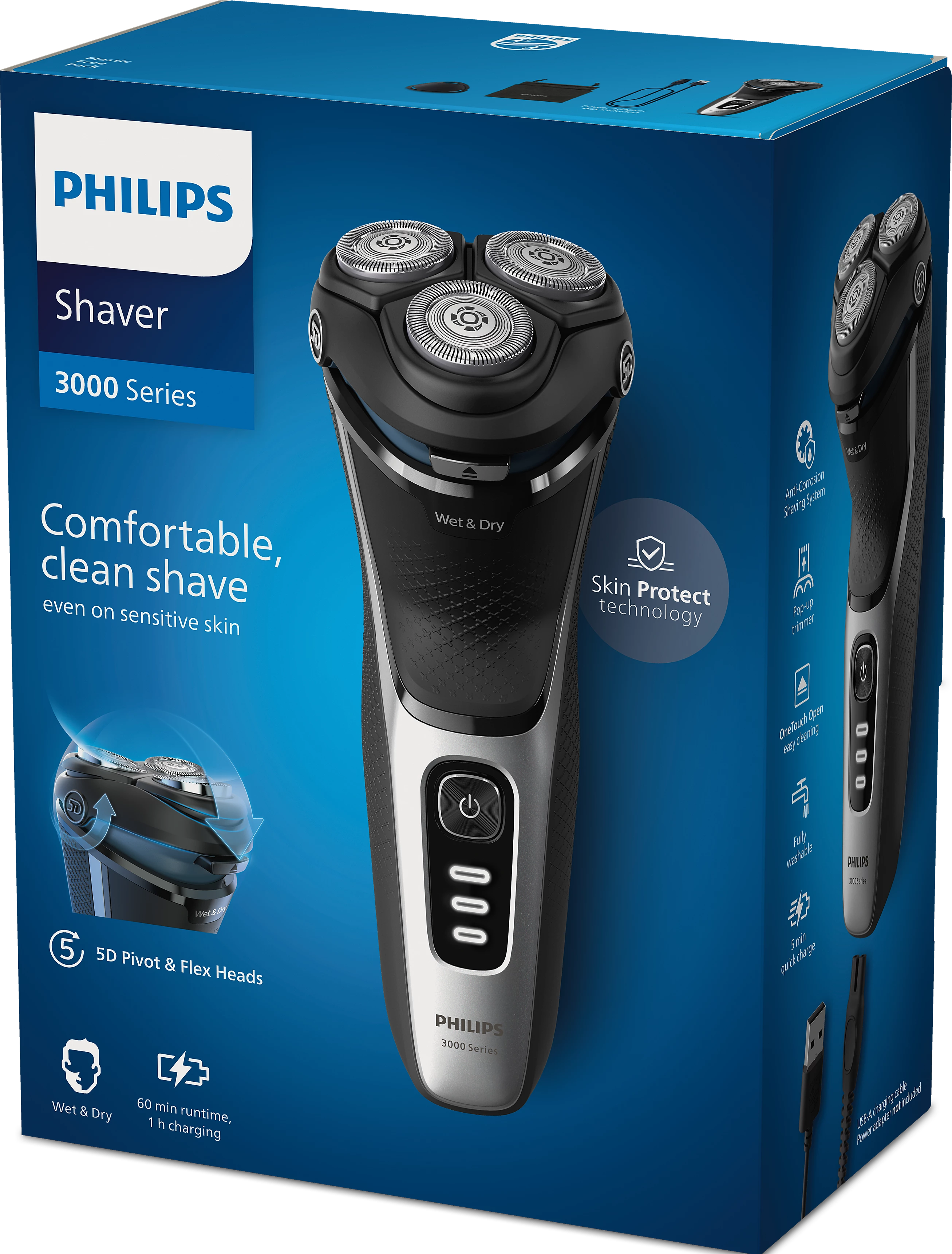 Rasoir Philips, boîte bleue, avec rasoir et caractéristiques détaillées.