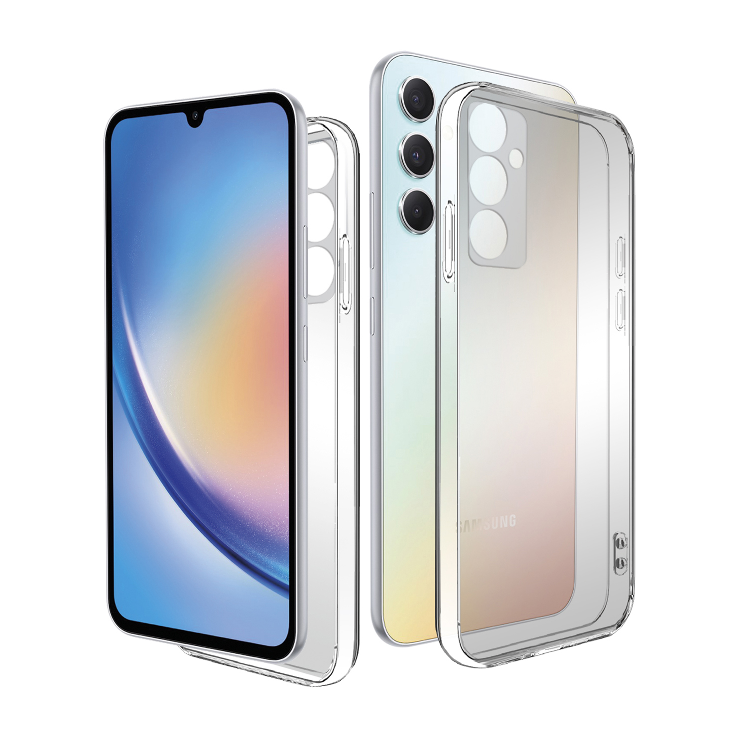 Due smartphone in custodie trasparenti. Uno con schermo con paesaggio. Sfondo bianco.