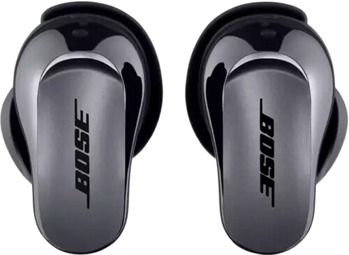 Ein Paar schwarze Bose-Ohrhörer mit sichtbarem Bose-Logo.