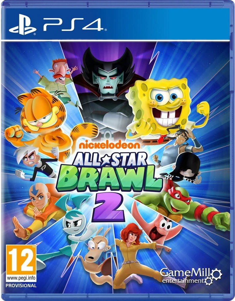 Nickelodeon All-Star Brawl 2 PS4 game cover met verschillende stripfiguren op een blauwe achtergrond.